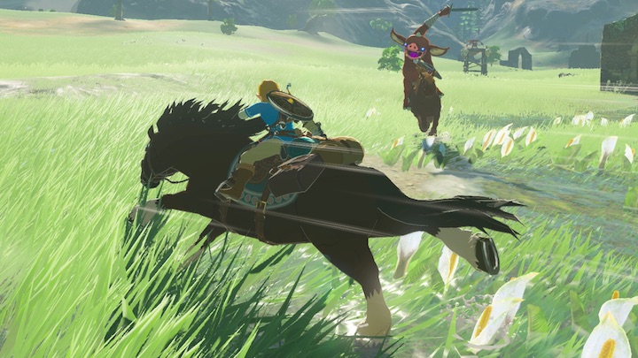 Link fights a bokoblin on horseback